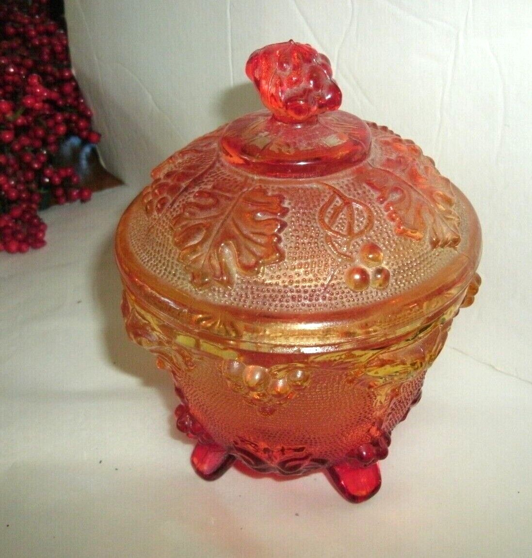 VINTAGE AMBERINA GLASS CANDY DISH, LIDDED, FOOTED ,GRAPE & LEAF DESIGN