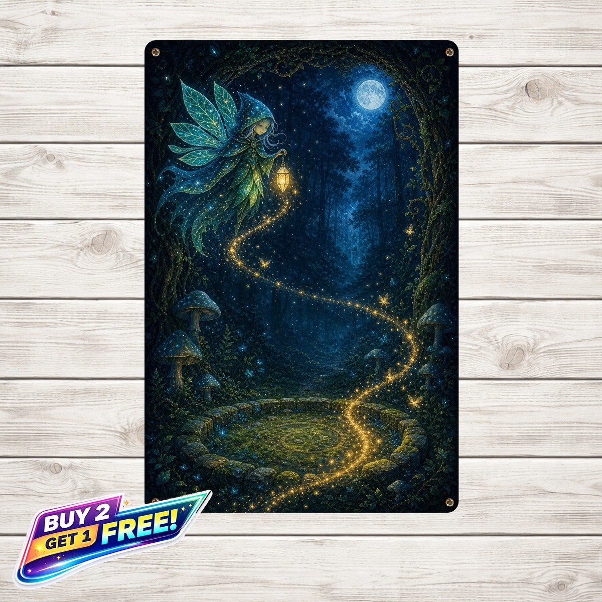 Glowing Fireflies Enchanted Forest Fairy Night Scene Metal Sign