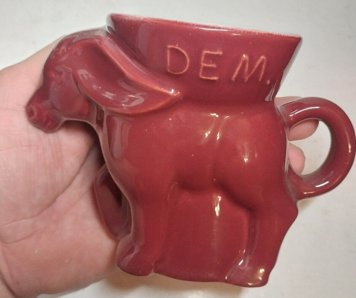 1984 FRANKOMA POTTERY MAROON DEMOCRAT DONKEY COFFEE MUG, 
