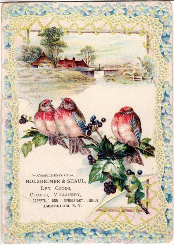 Holzheimer & Shaul Dry Goods, Cloaks. Millinery, etc. Amsterdam, N.Y. Trade Card