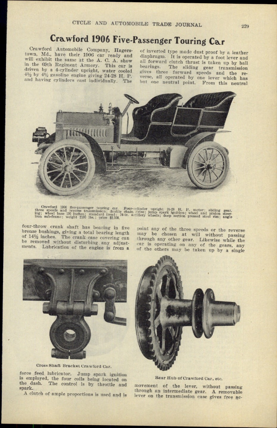 1906 PAPER AD CAR AUTO 3 PG ARTICLE Crawford 5 Passenger Touring Automobile