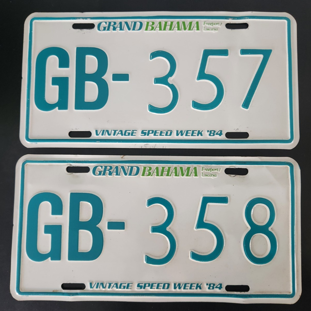 1984 GRAND BAHAMA VINTAGE Speed Week PRIX LICENSE PLATEs 357 358 Freeport Lucaya