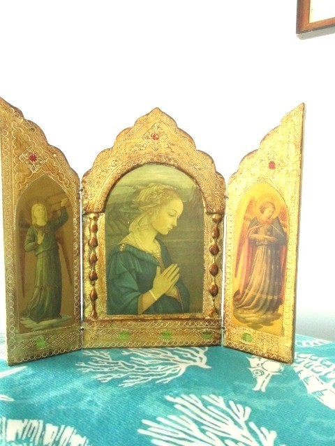 Large Italian Florentia Madonna  Angels Jewel Tone Accents Tole Wood Triptych