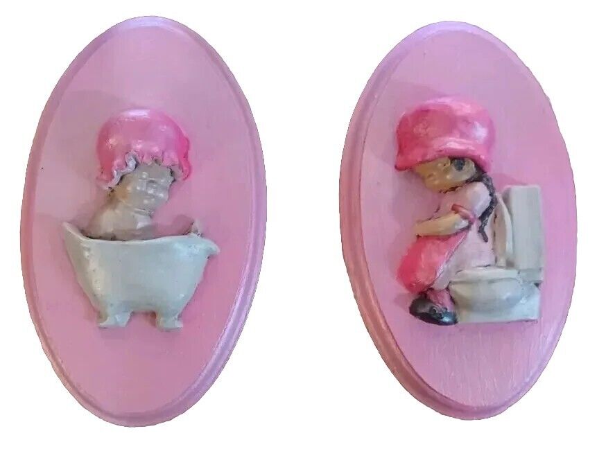 Vintage Bath Sign Pink Wall Plaque Bathroom Girl kids  set 2 Chalkware 3D 