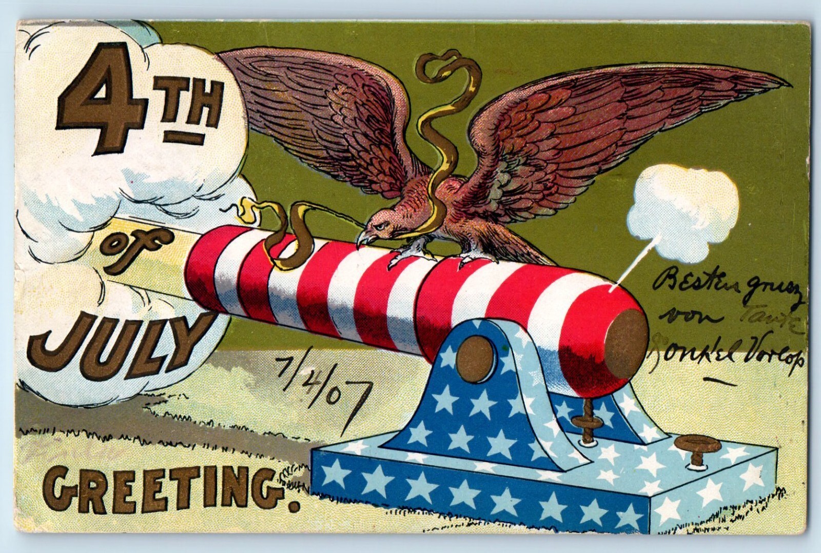 1907 Fourth Of July Greeting Eagle Cannon Embossed New York NY Antique Postcard 1907 Fourth Of July Greeting Eagle Cannon Embossed New York NY Antique Postcard