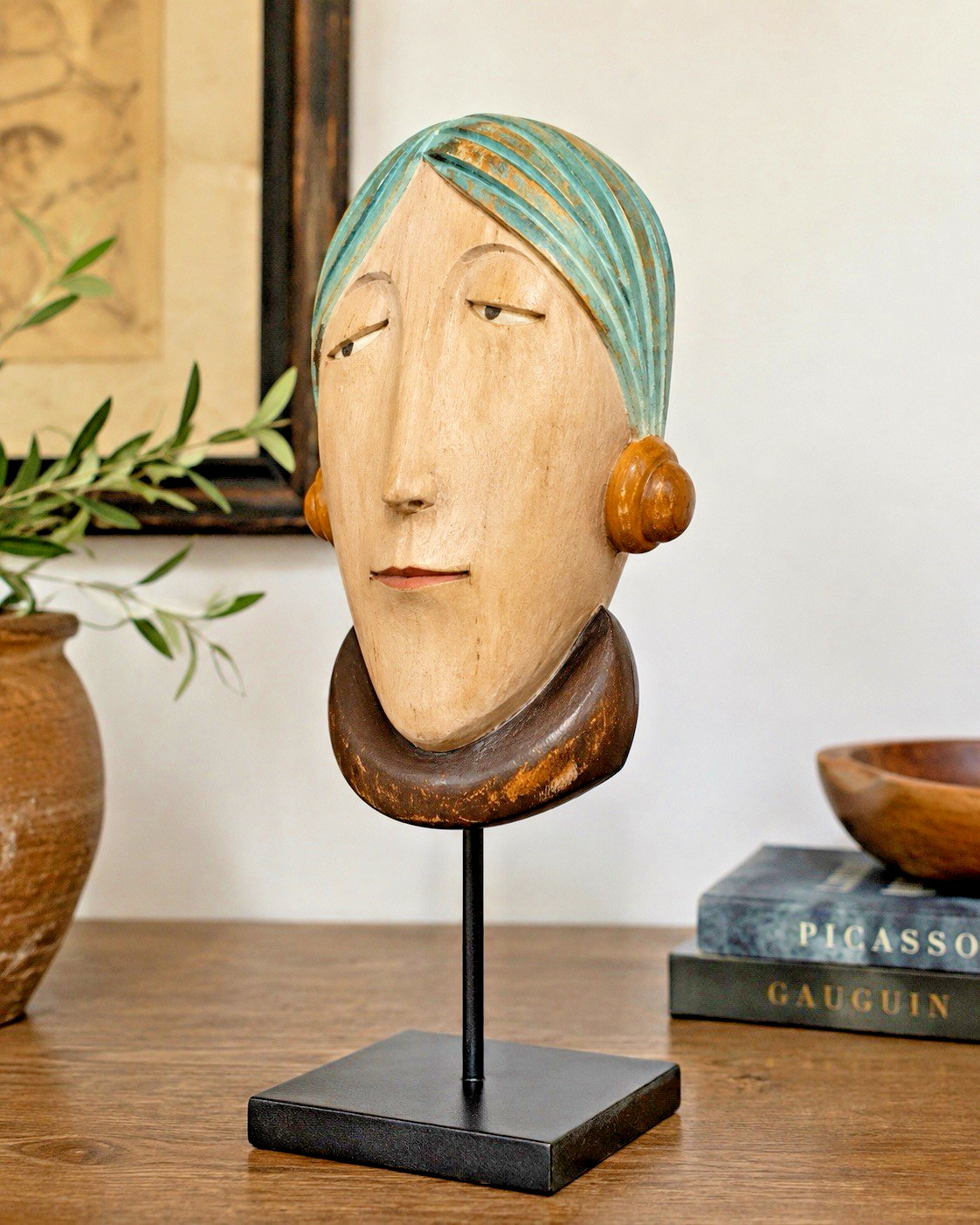 Vintage Sarreid Ltd Carved Wood Female Mask Sculpture Wall Hanging Folk Art