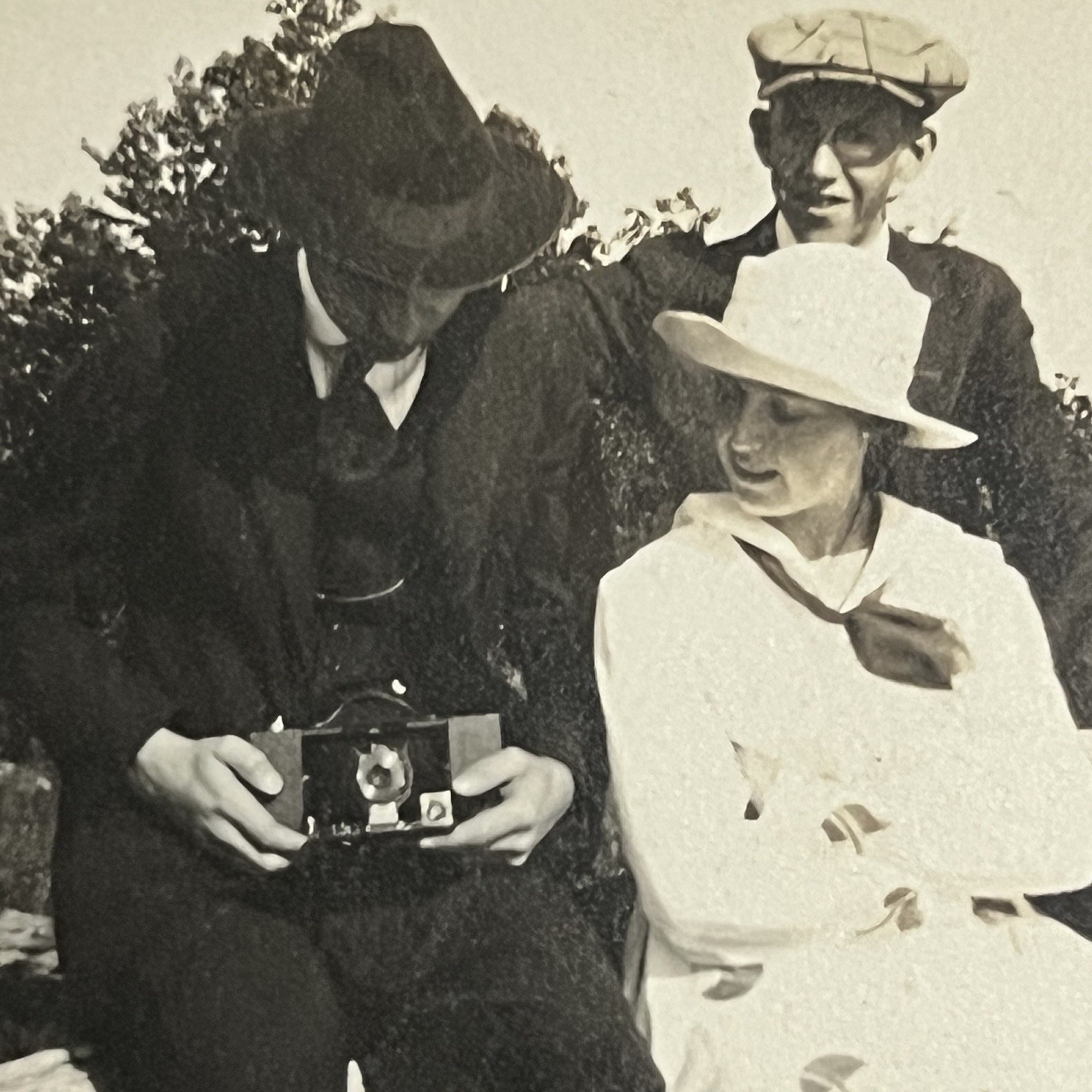 Antique B&W Snapshot Photograph Beautiful Woman Men Outside Kodak Panoram Camera