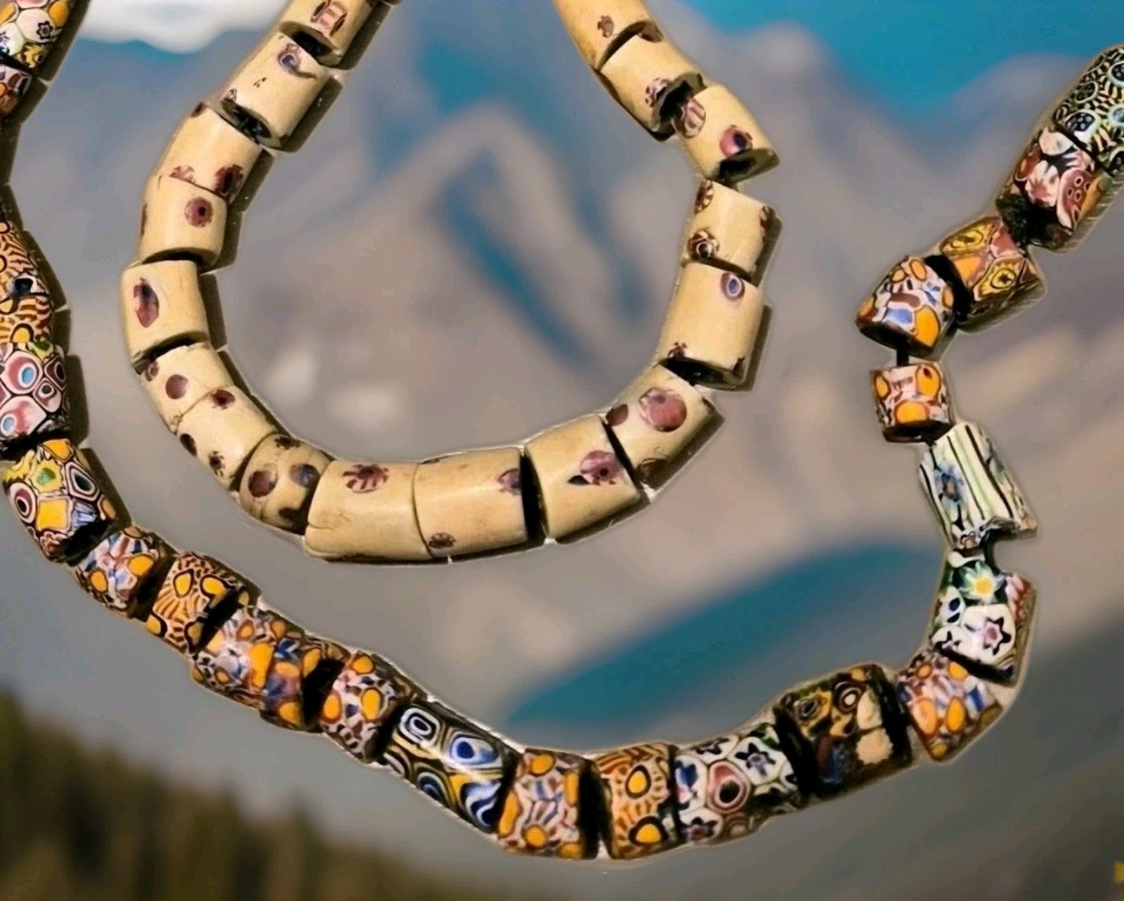 Antique VTG AFRICAN TRADE BEADS for Necklace- 65 Bear Paw/MILLIFIORI Hand Strung