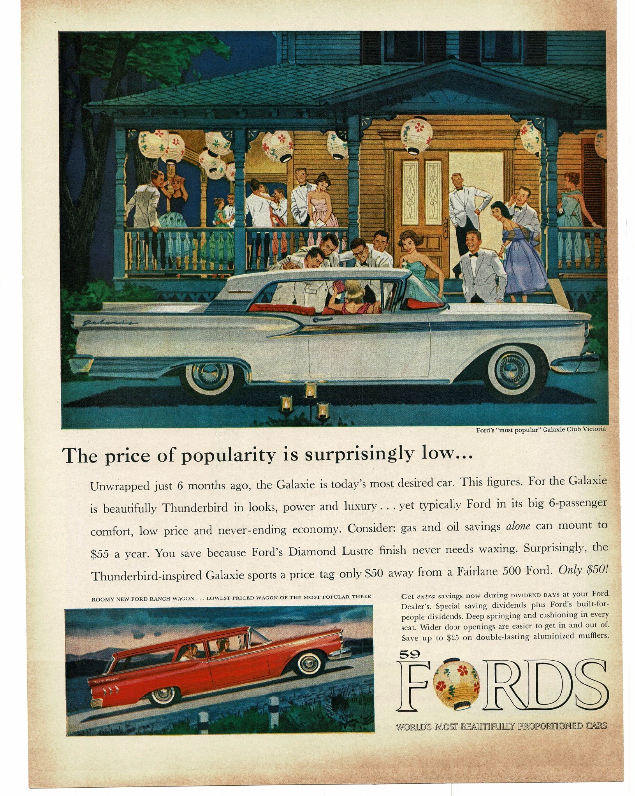 1959 Ford Galaxie Club Victoria White 2-door Coupe at party art Vintage Print Ad