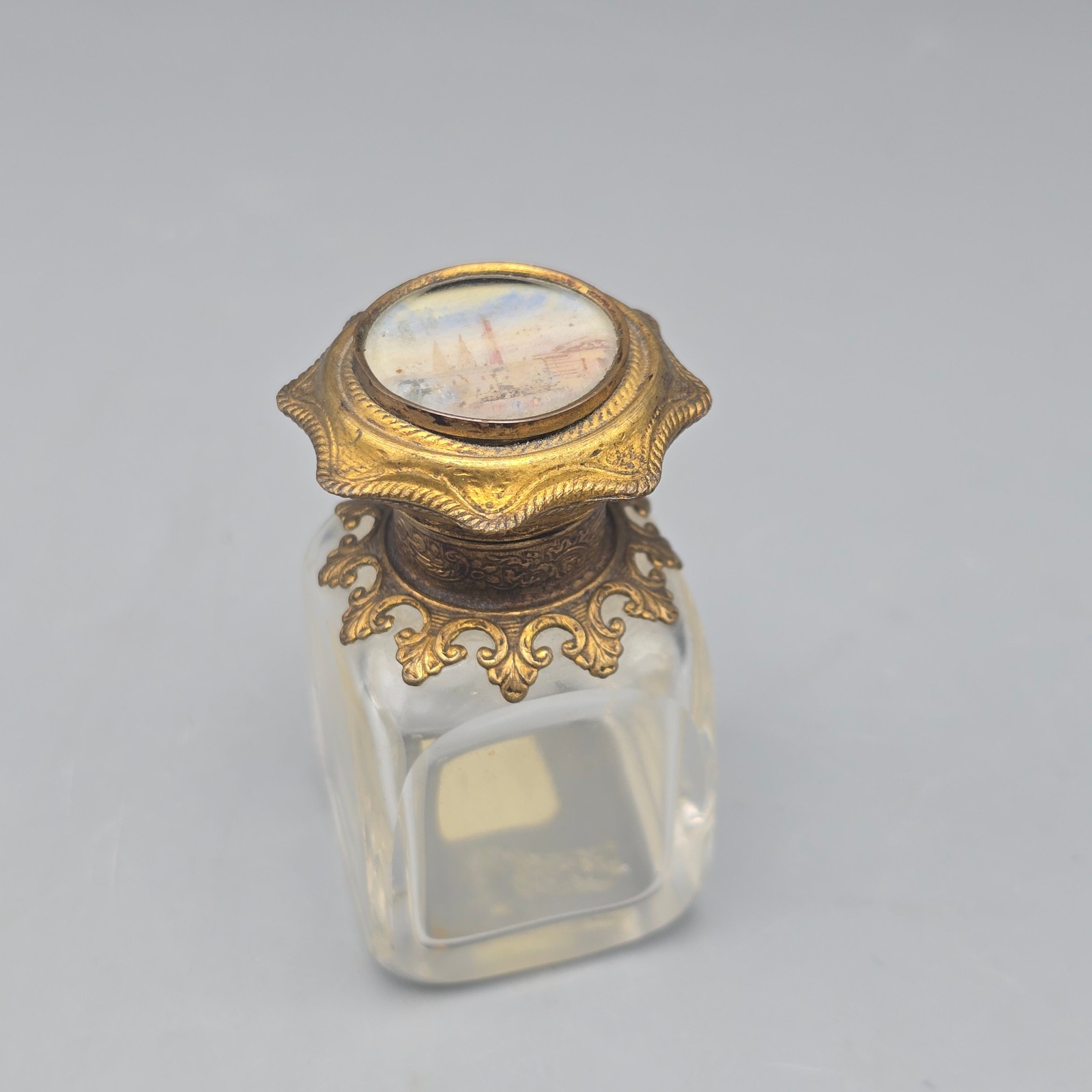 Antique French Gilt Brass Mounted Glass Perfume Bottle with Hinged Lid Scenic