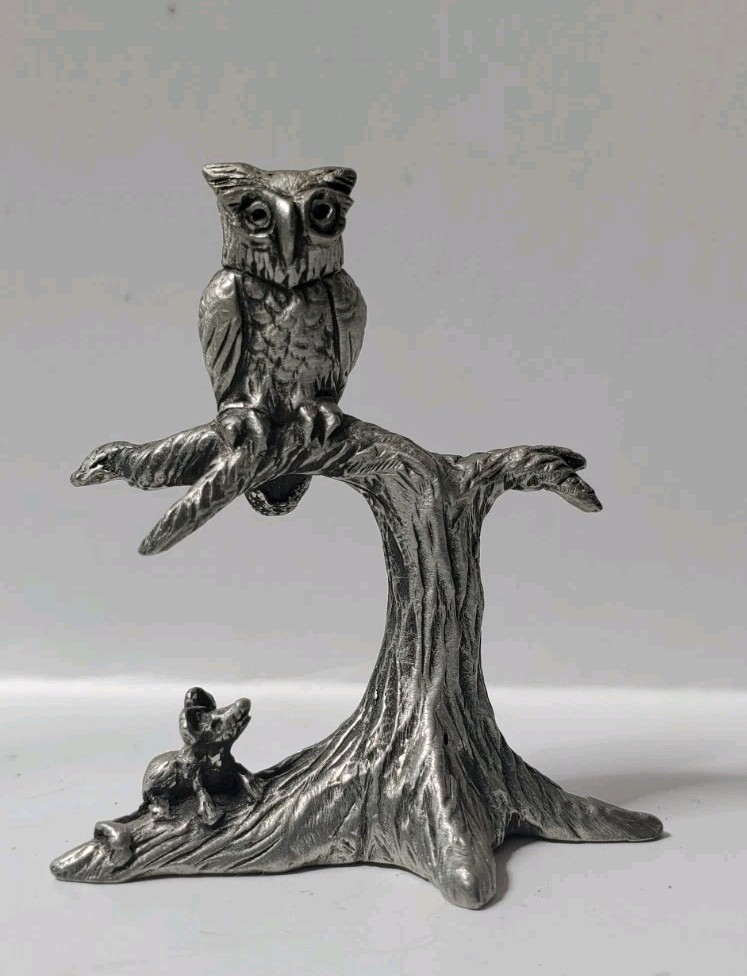 Miniature Pewter Image Owl on Tree Branch or Snag or Stump with mouse 1.5\