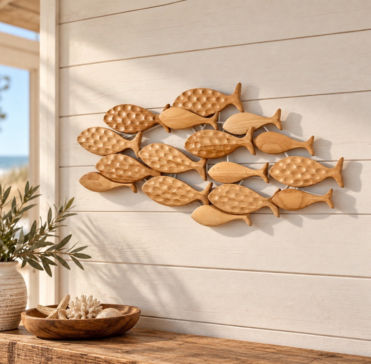 Large Carved Wood School Of Fish Wall Sculpture Art Wooden Fish Nautical Decor 