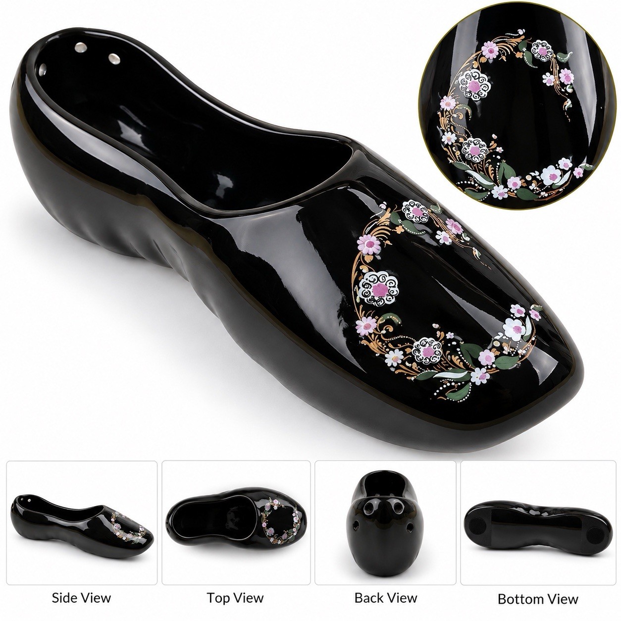 Vintage Black Ceramic Shoe Planter Vase Floral Design 8” Decorative Collectible