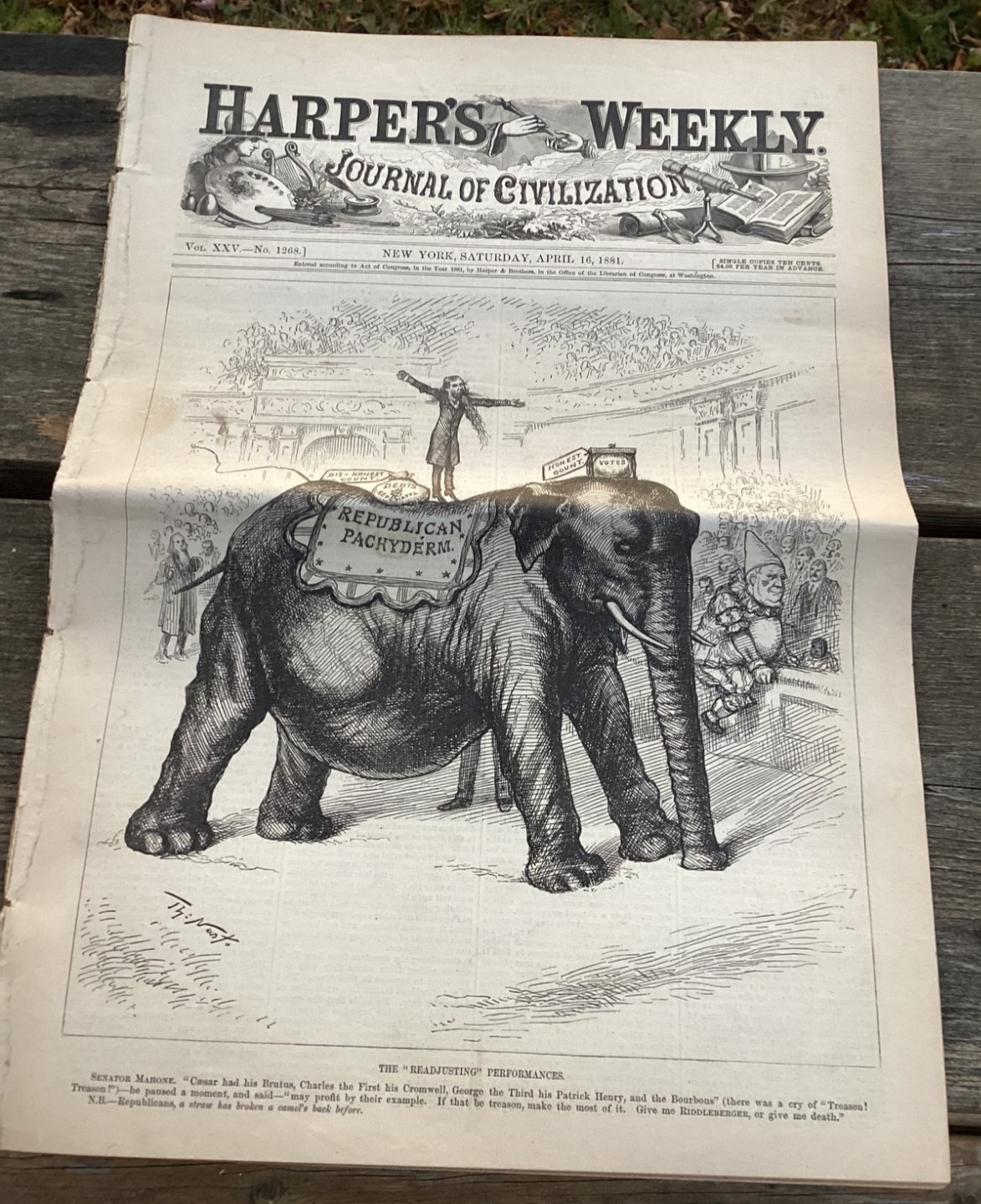 APRIL 16, 1881 HARPER’S WEEKLY MAGAZINE - REPUBLICAN PACHYDERM HONEST COUNT VOTE