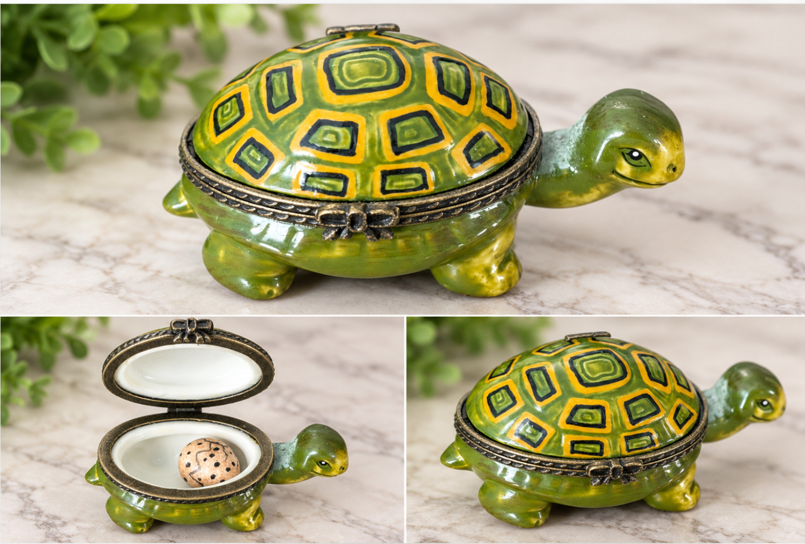 Green Turtle Tortoise Porcelain Hinged Trinket Box With Miniature Egg Figurine