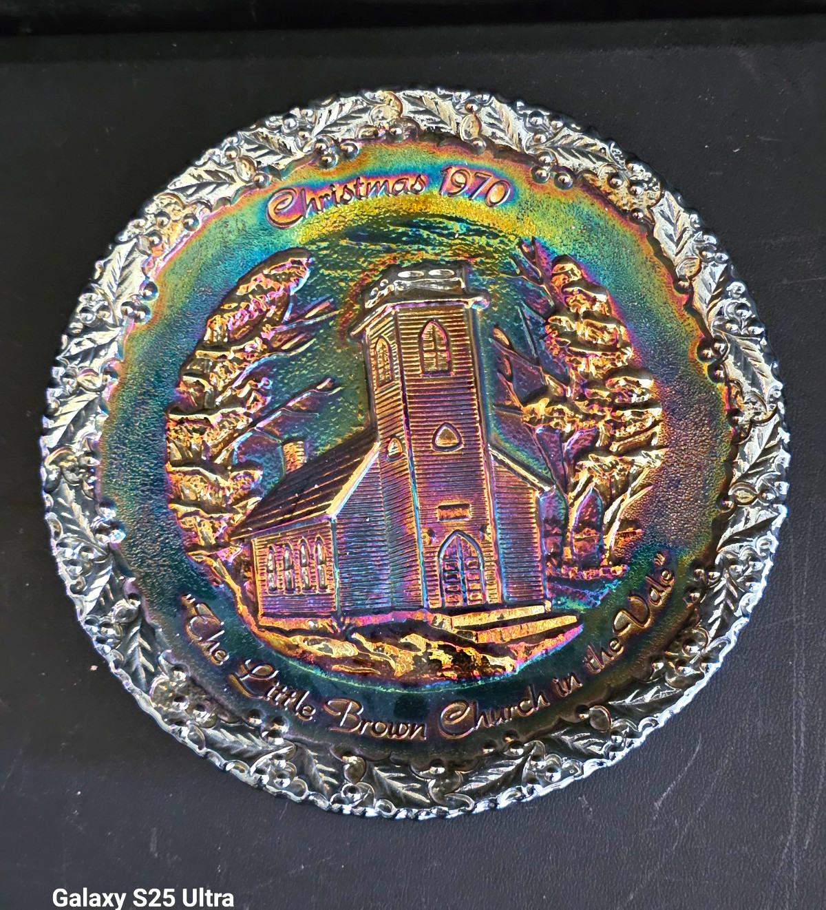 Fenton 1970 Christmas Plate Amethyst Carnival Glass Little Brown Church No1