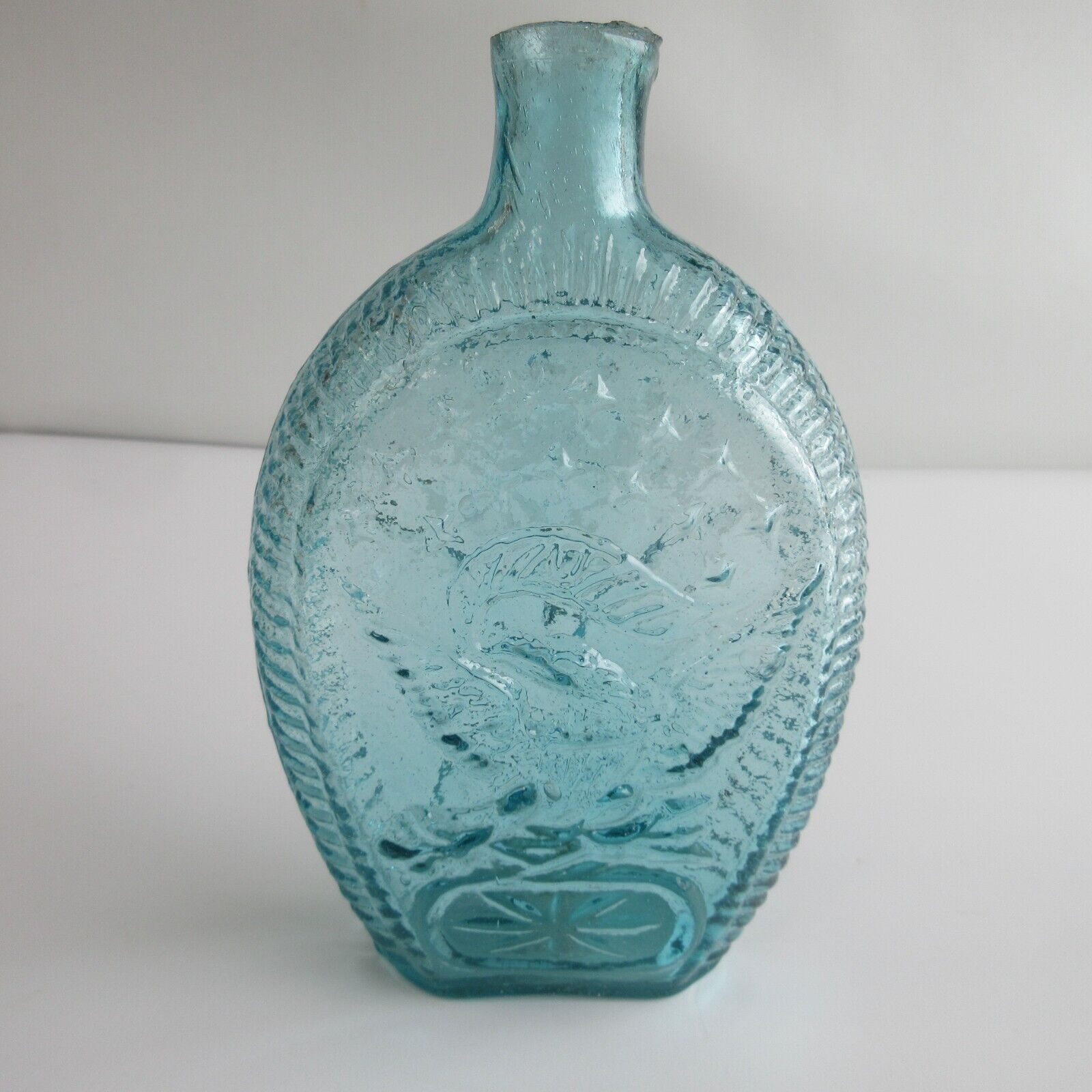 Antique Hand Blown Glass Aqua Double Eagle 13 Stars Flask Bottle