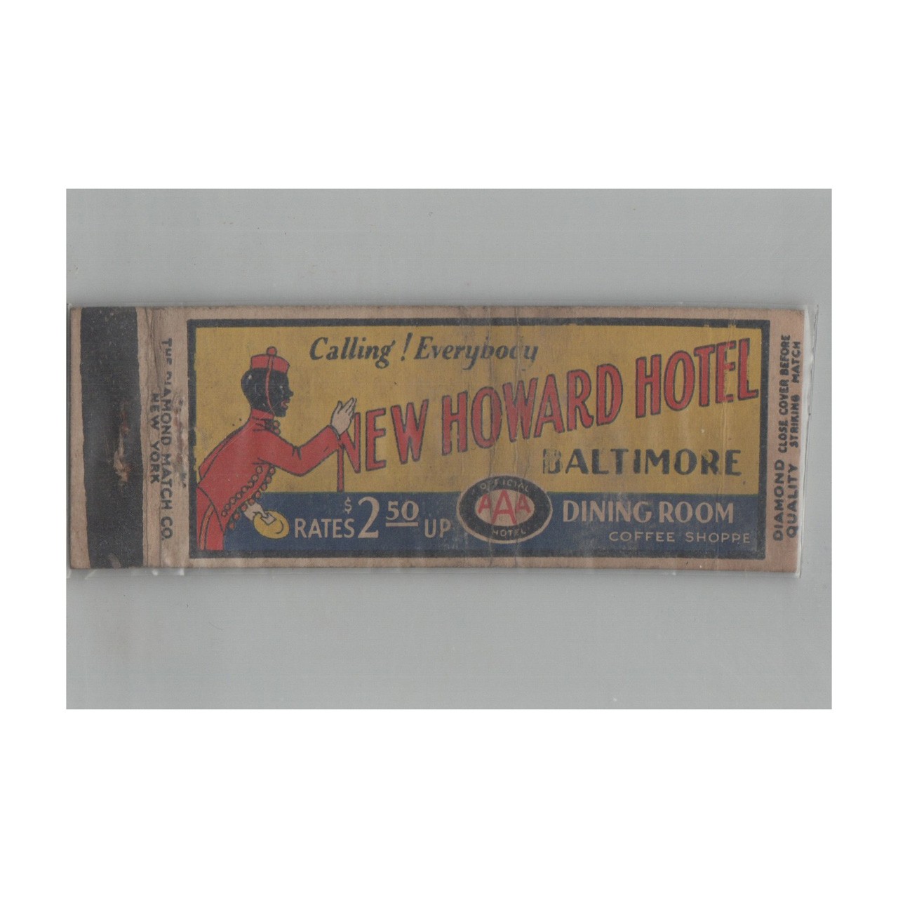 1920s-1930s Diamond Quality Matchbook Cover New Howard Hotel Baltimore MD