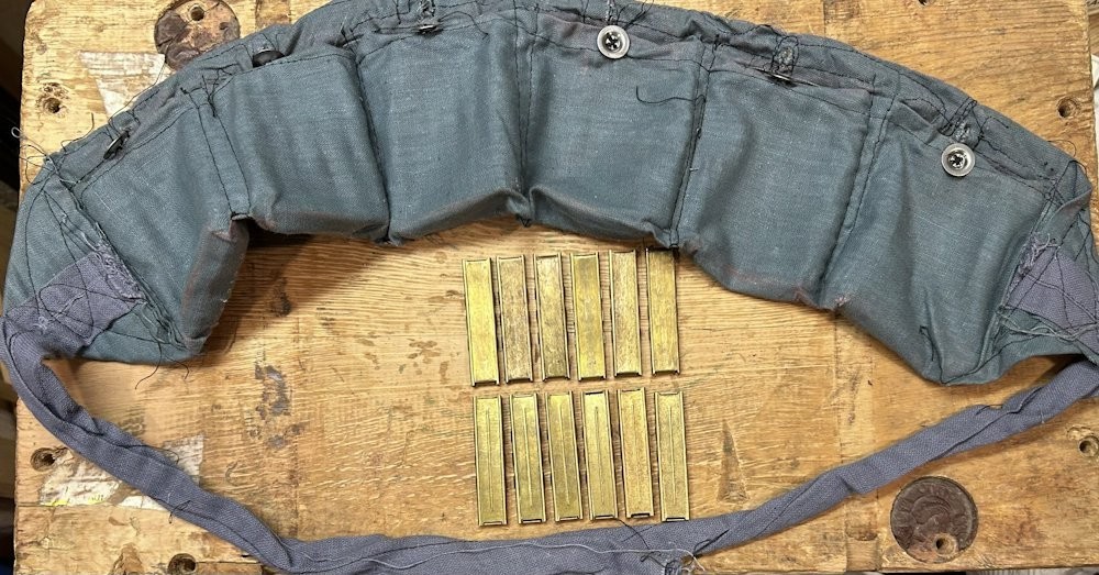 WWII-era 8mm Mauser Stripper Clips, 12 w/Bandolier 7.92 Turk/German/Yugo brass