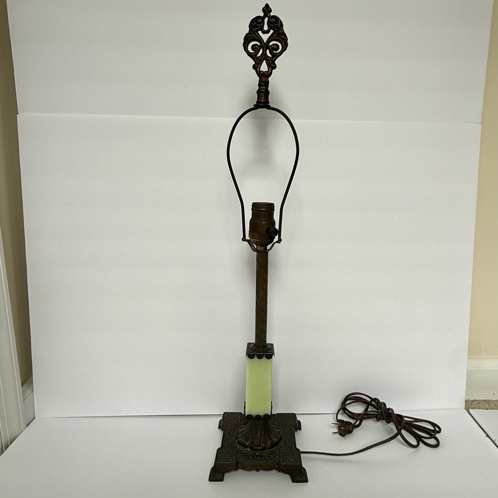 Antique Uranium Glass Table Lamp Art Deco Cast Metal UV Glow Vintage