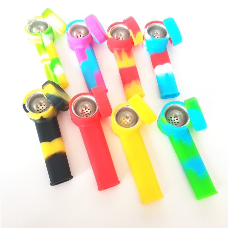 10PC 3.4\'\' Mini Silicone Smoking Hand Pipe with Metal Bowl & Cap Lid Pocket Pipe