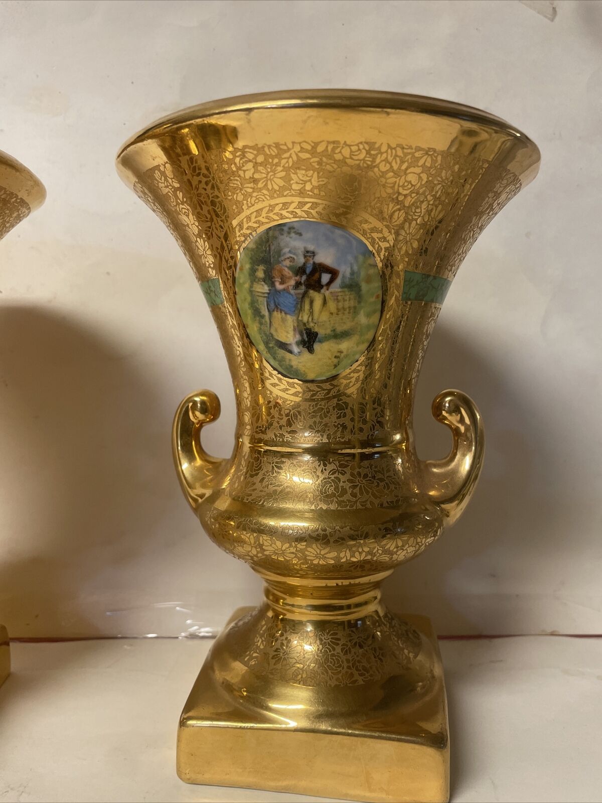 Pair Hand Painted Vintage Osborne China 22k Gold Vases W/Victorian Scene