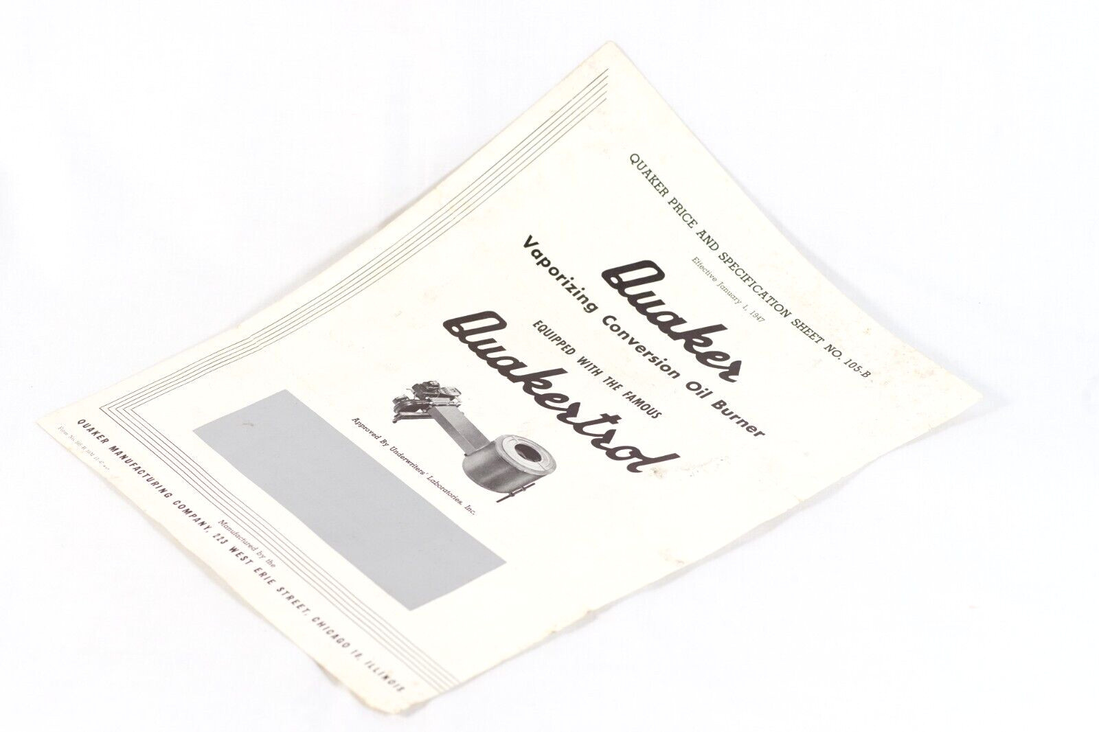 1947 QUAKER OIL BURNER Price & Specification Sheet No. 105B Quakertrol