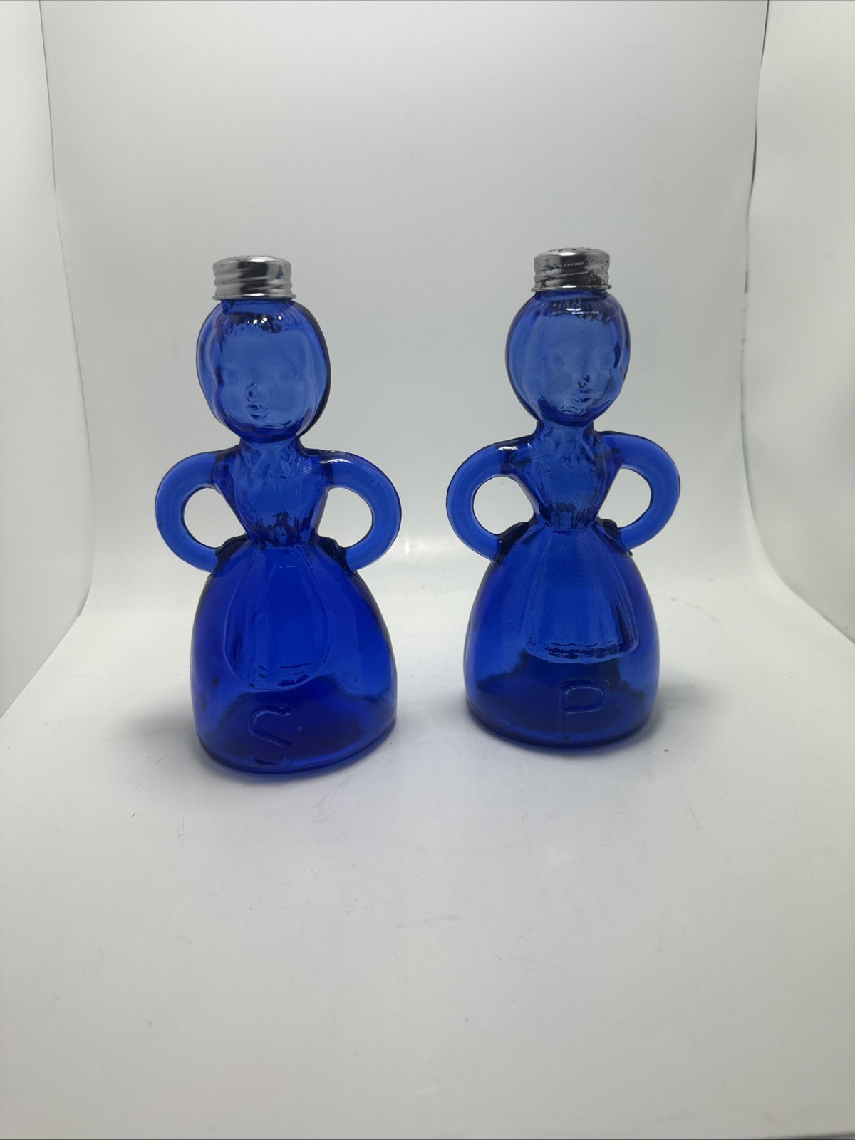 Vintage Cobalt blue glass Merry Maid salt and pepper shakers with top