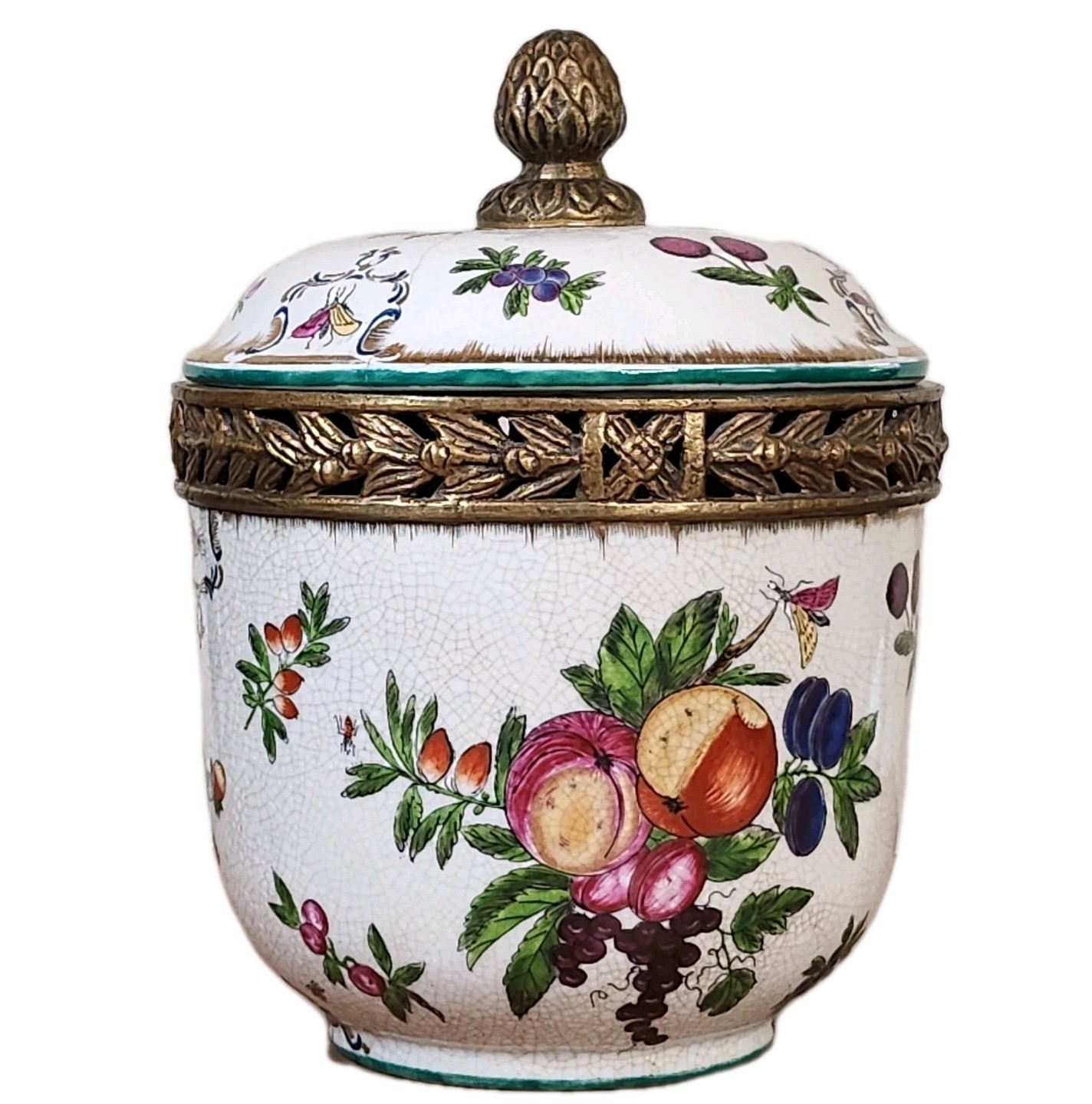 Antique Hand Painted United Wilson Brass Porcelain Covered Floral Ginger Jar