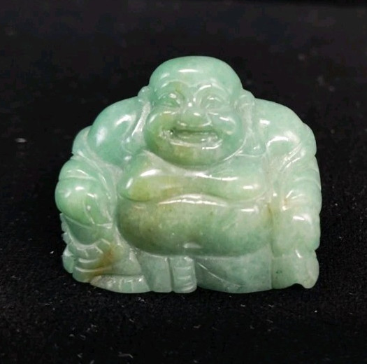 Miniature Seated Budai Laughing Buddha Green Stone Carving Mottled 1.5 Inch