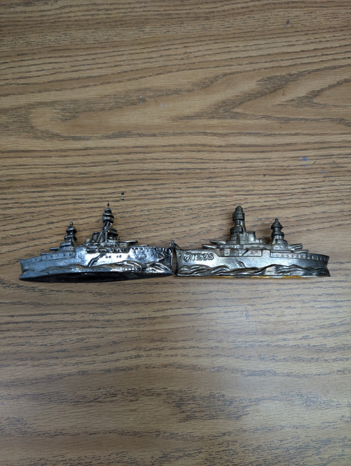 Pair Vintage Cast Metal (USS Texas BB-35 Battleship) Figurine Paperweights