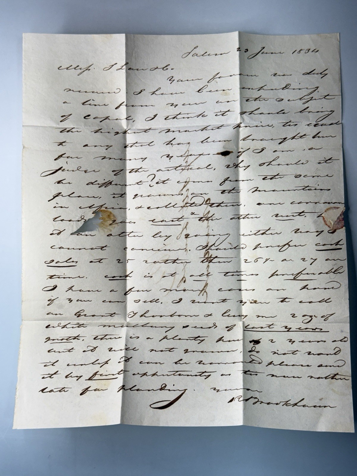Robert Brookhouse Salem MA Merchant Letter 1834 African Trade Handwritten