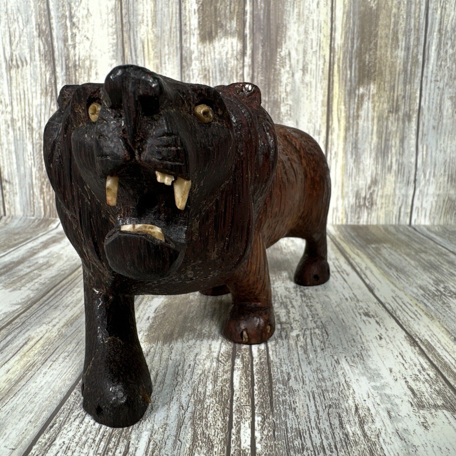 VTG Hand Carved Wooden Lion Ebony Hardwood READ