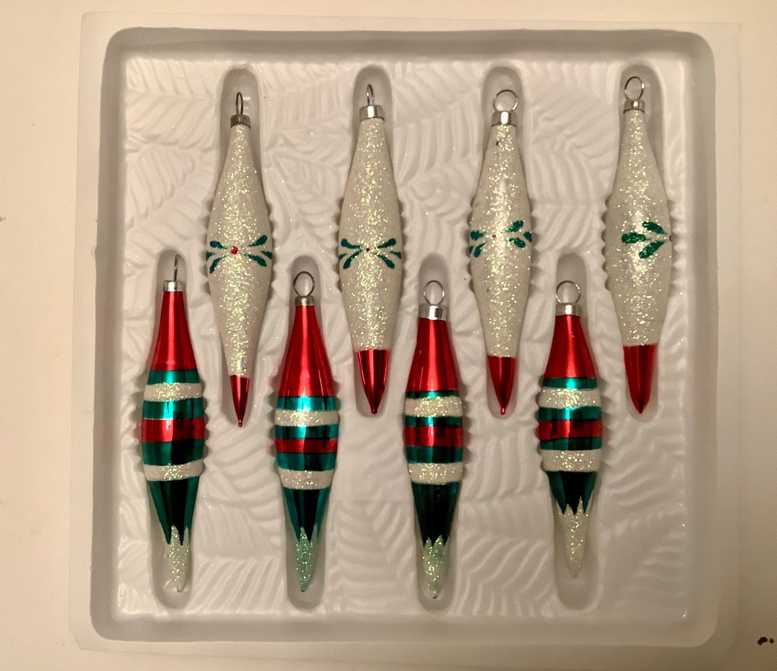 8 Vintage Small Glass Icicle “Christmas Trimmeries” Ornaments Glittery 3 1/2” 