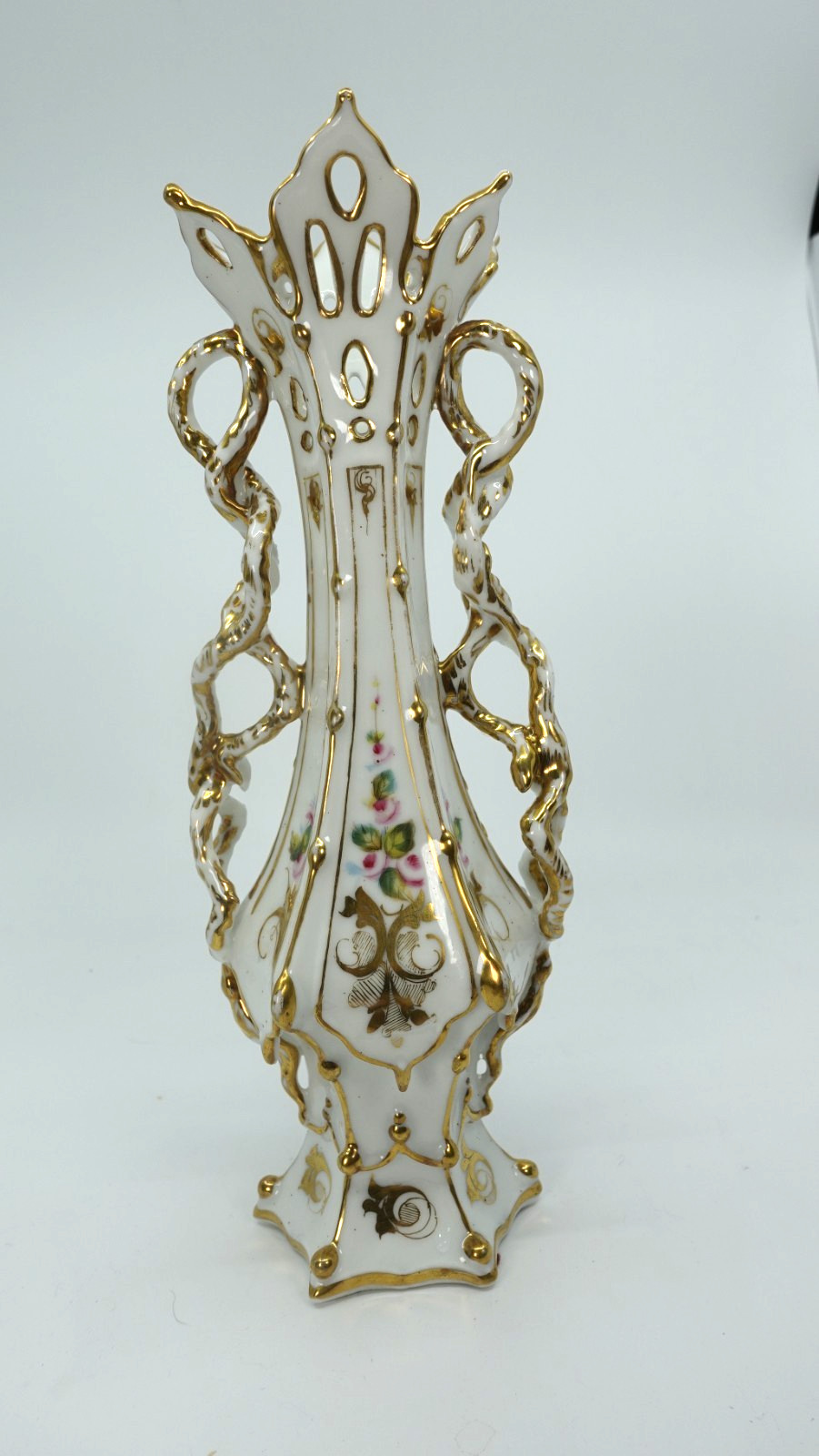 Antique Old Paris Porcelain Vase Floral Gold Gilt Double Handled Reticulated 19C