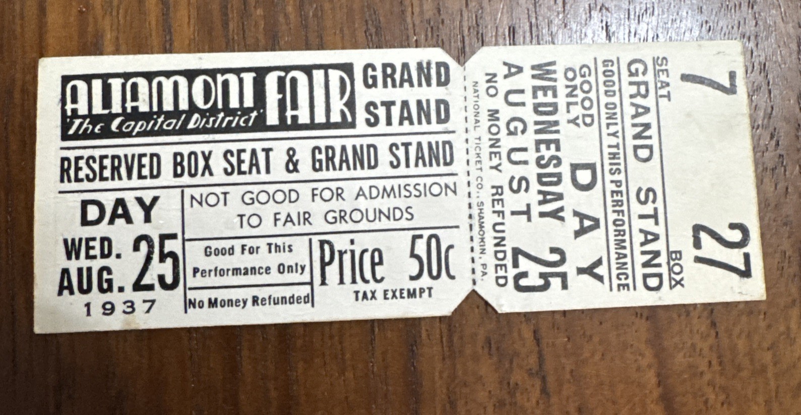Vintage Fair Ticket Altamont Fair 1937 Grand stand Unused New York, State NY Vintage Fair Ticket Altamont Fair 1937 Grand stand Unused New York, State NY