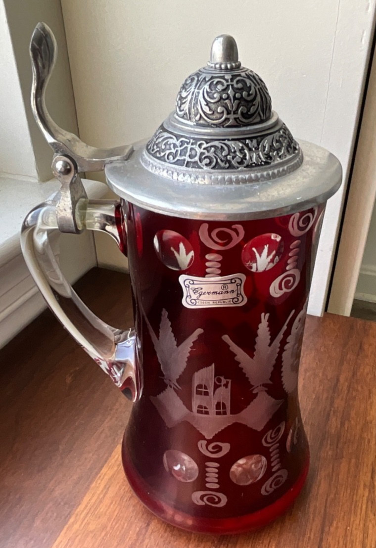 Egermann Bohemia Ruby Cut to Clear Glass Beer Stein Pewter Lid With Original Tag