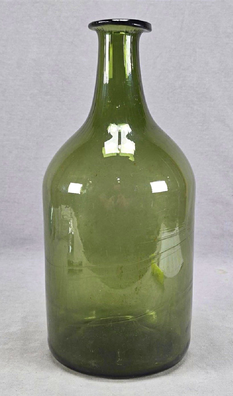 Antique 1840s German Black Forest Olive Green Demijohn Open Pontil Bottle