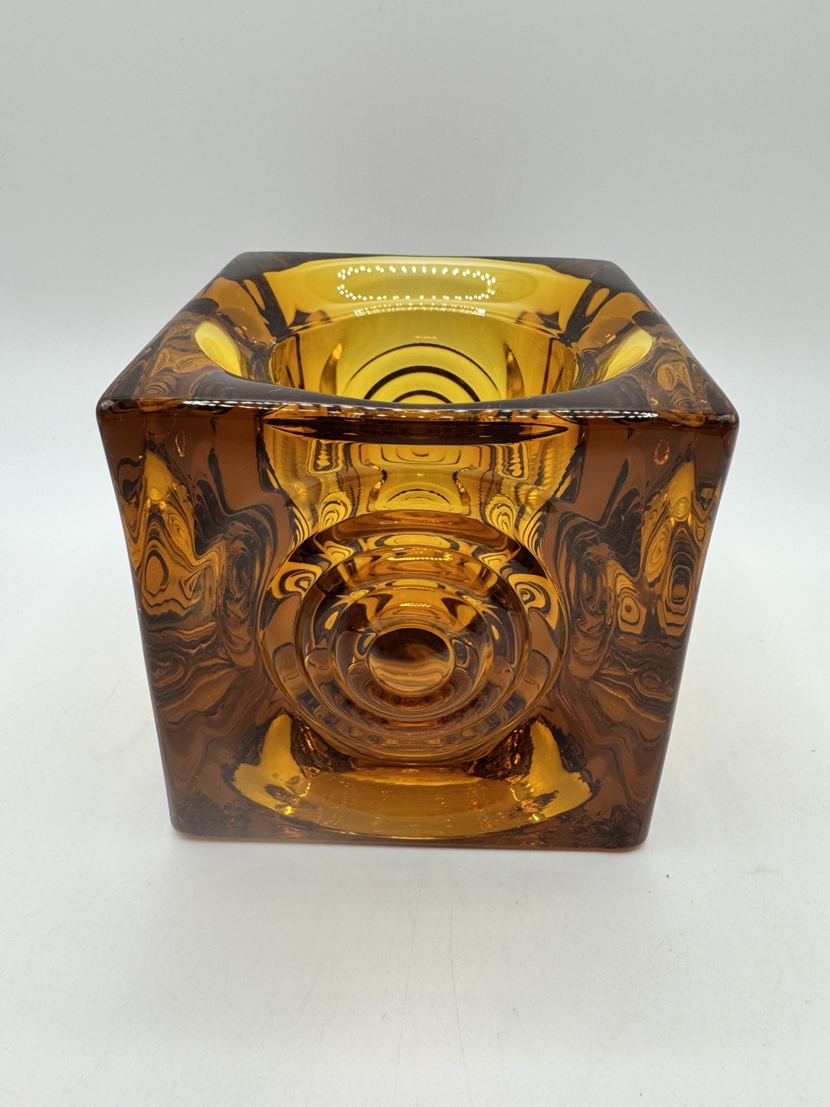 Mid Century Modern Amber Glass Bullseye Candle Holder 2 3/4” Cube