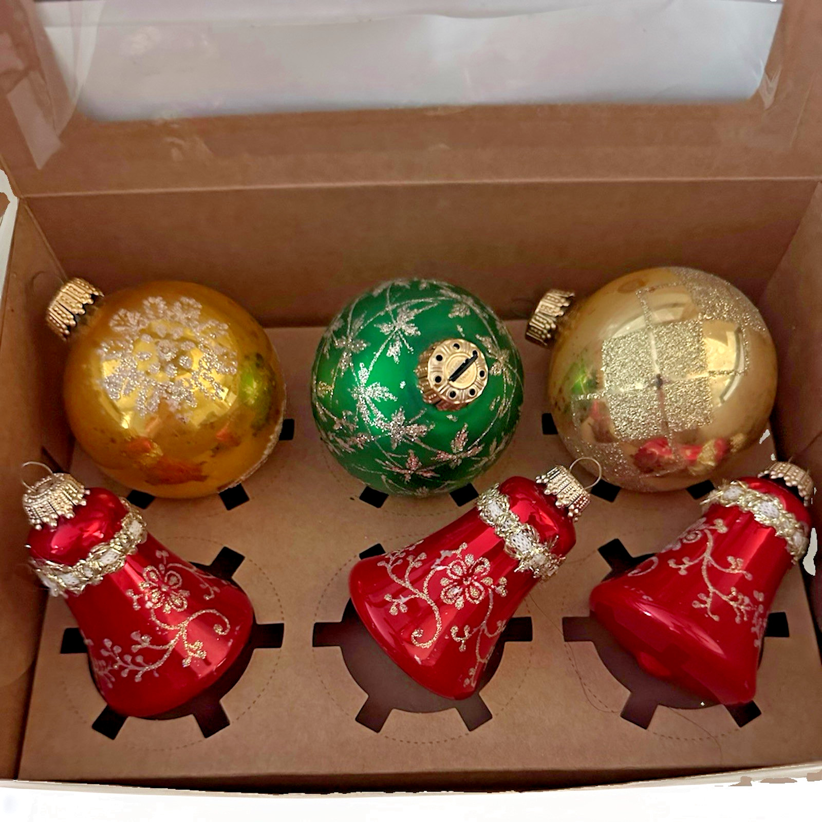 6 Vintage Made In West Germany Glittered Mixed Balls And Bells Ornaments 3”