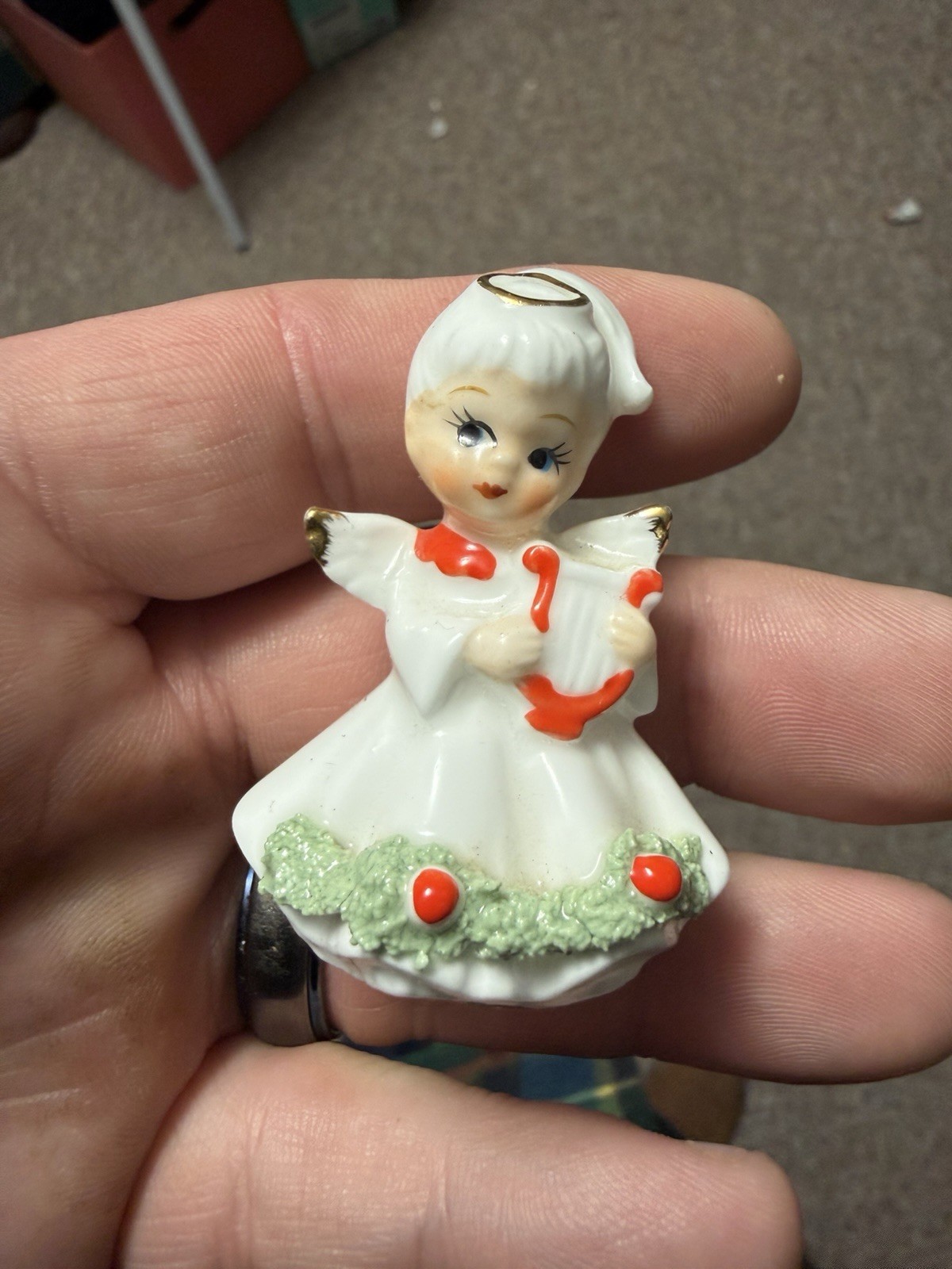 Vintage Napcoware Christmas Angel Figurine Japan 3.5” Ceramic Harp Halo