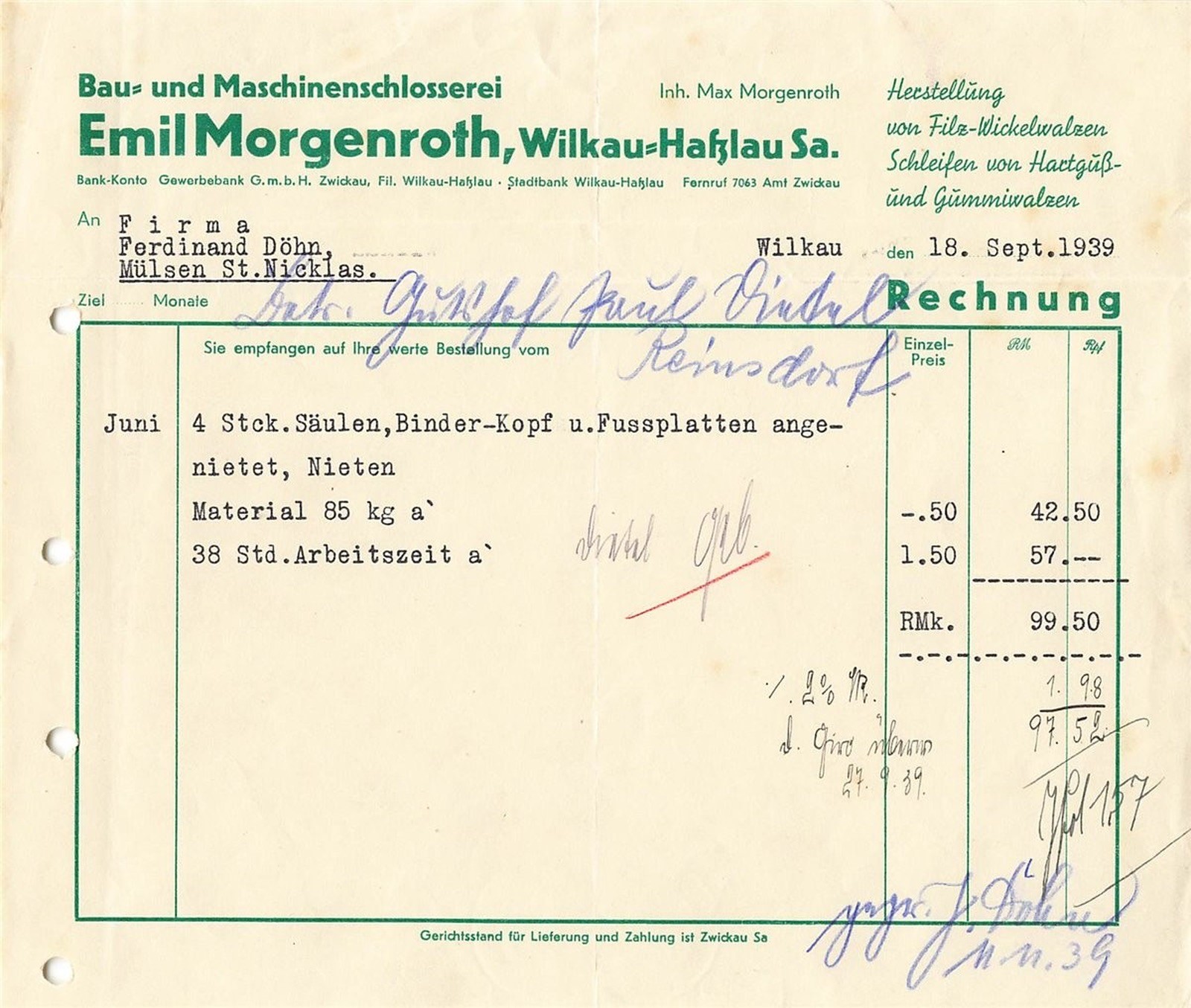 Old Invoice - Emil Morgenroth Wilkau-Haßlau 1930s German Reich