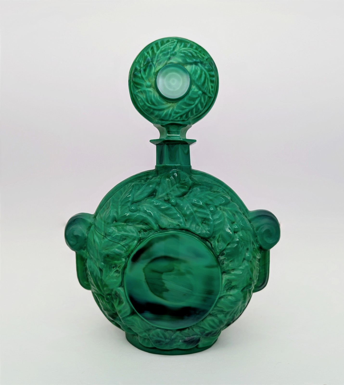 Large Emerald Green Czech Malachite Art Glass Bottle Decanter Flacon Vintage 9