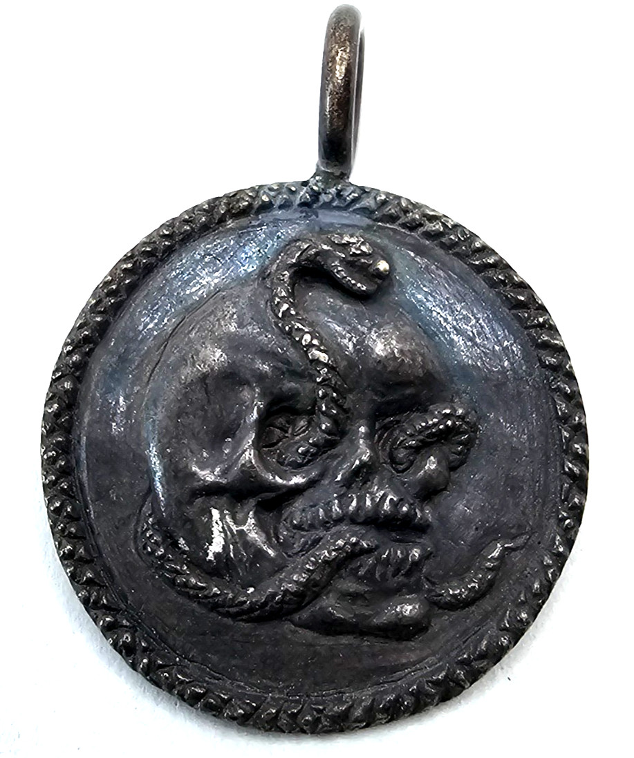 Ancient Victorian Memento Mori SILVER SKULL Snake Skeleton Pendant Necklace Rare
