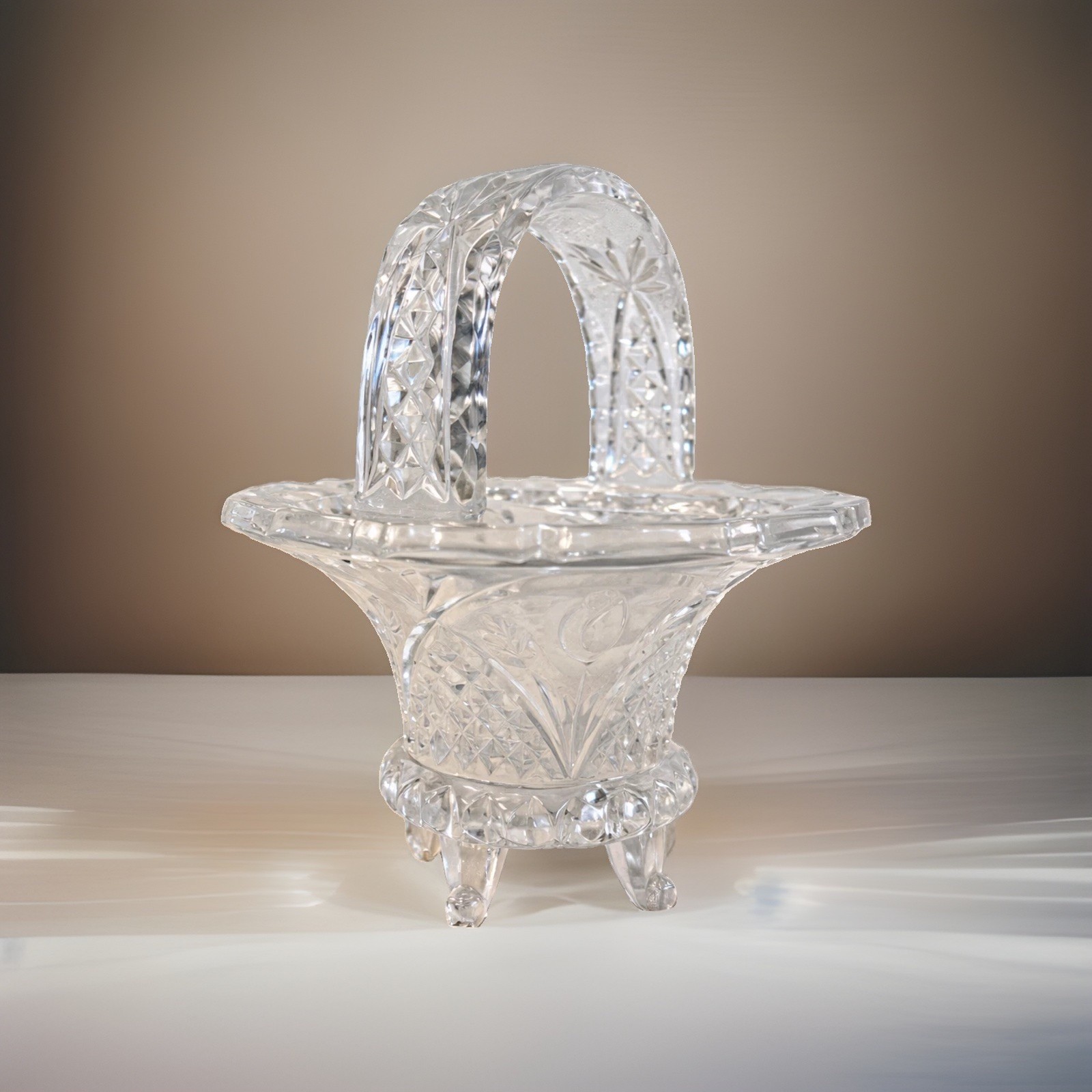 Vintage 24% Lead Crystal Bowl Footed Basket with Handle – Cut Glass Design 7.5”