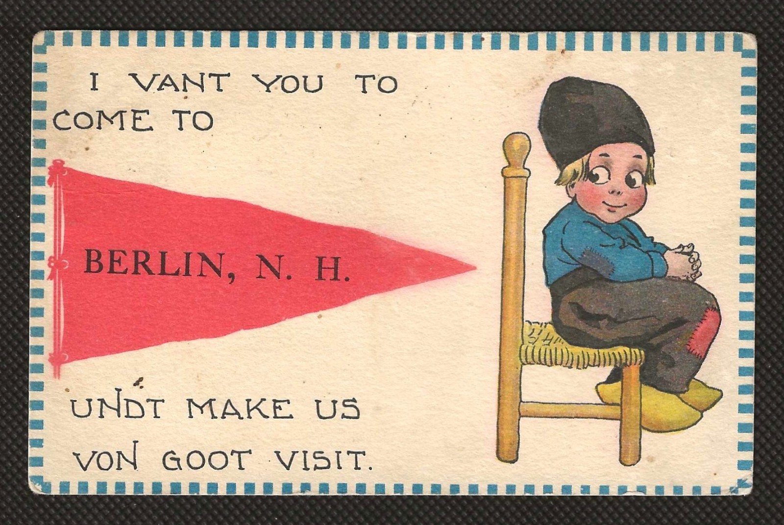 Berlin NH New Hampshire Dutch Comic Pennant Vintage Postcard 1913