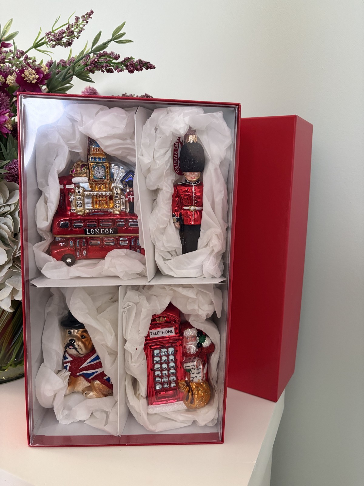 Neiman Marcus Set of 4 Glass Assorted Ornaments, LONDON, NIB
