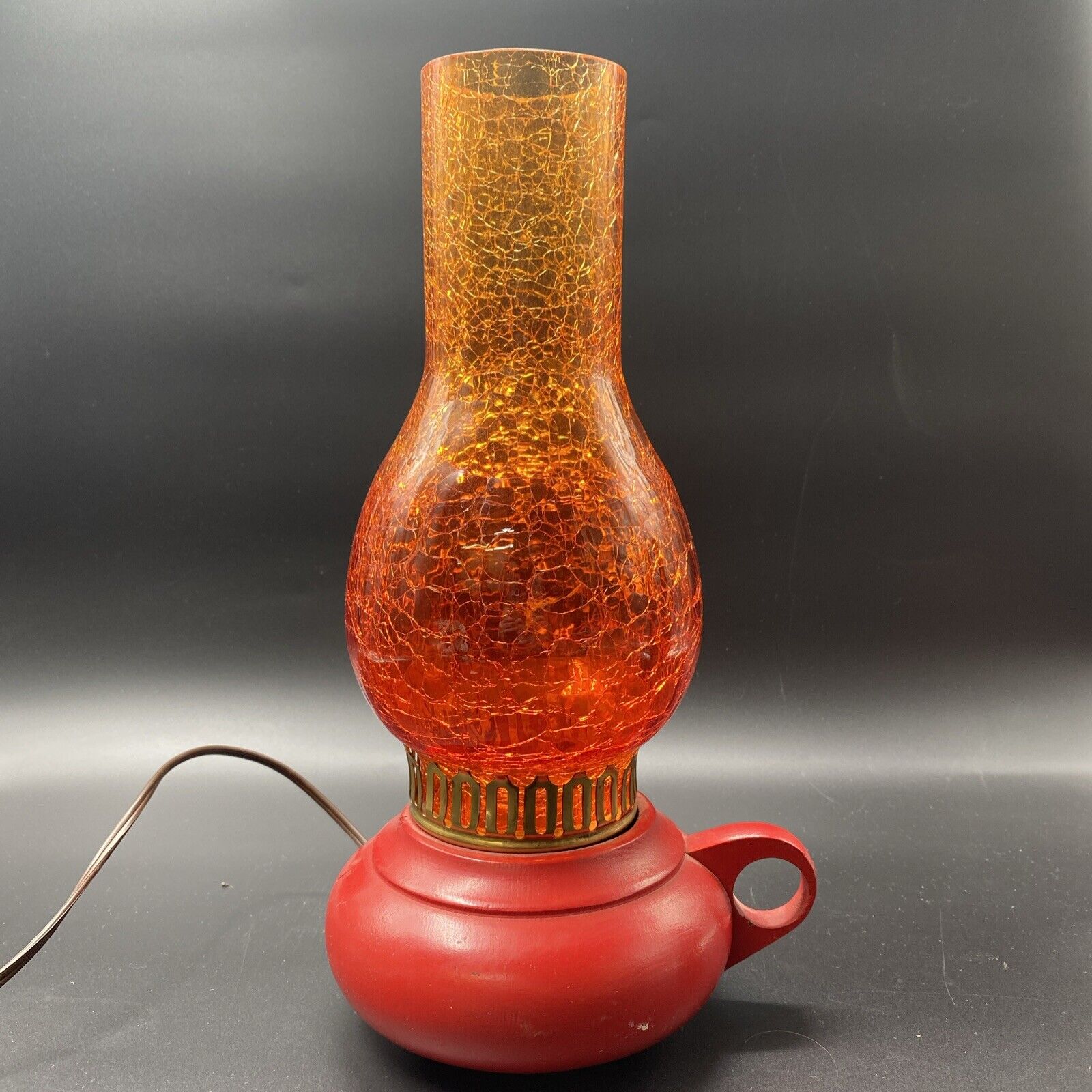 Vintage BLENKO STYLE GLASS LAMP HURRICANE CHIMNEY Orange CRACKLE SHADE 12.75”