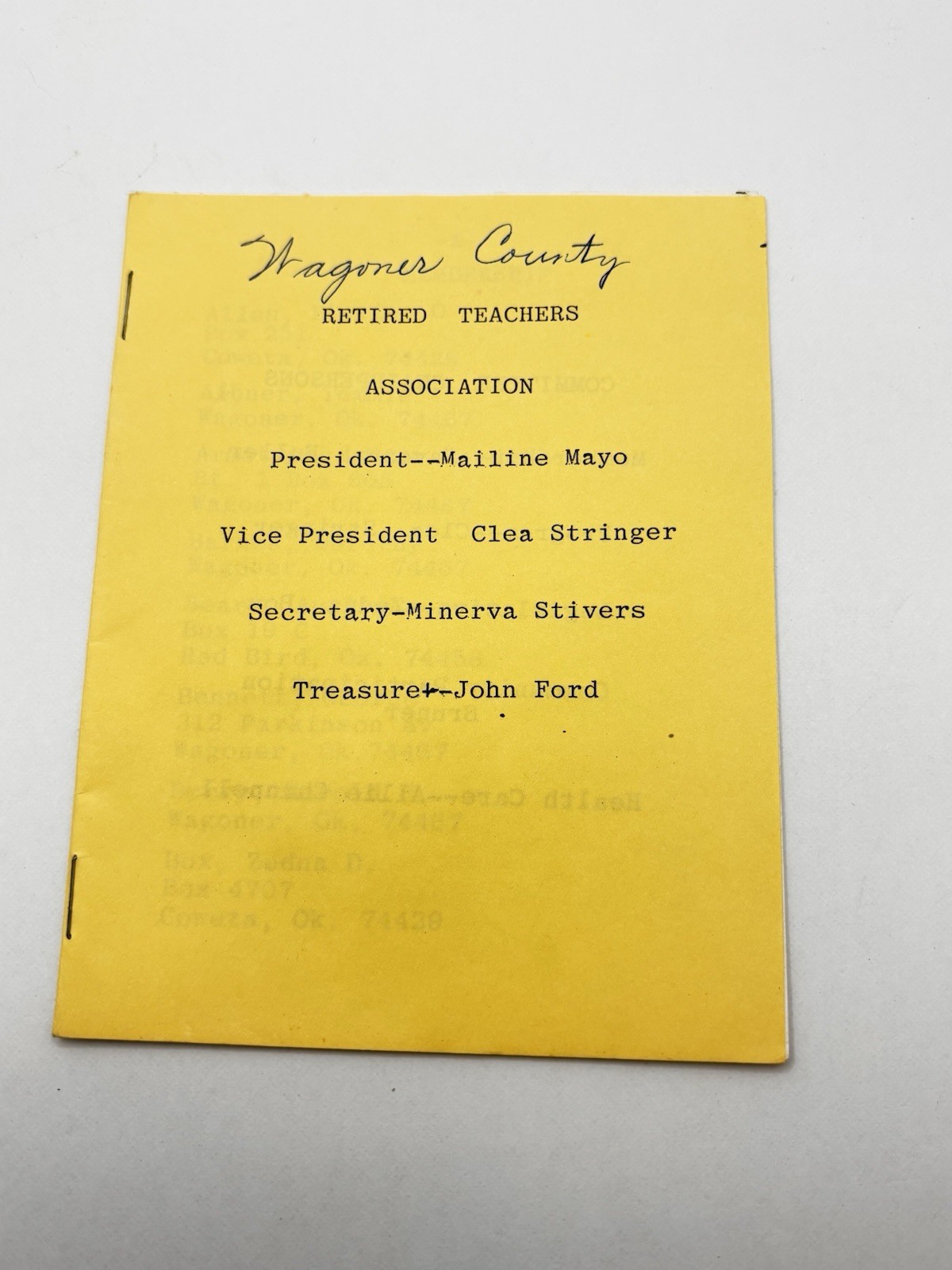Wagoner County Retired Teachers Association Directory Vintage