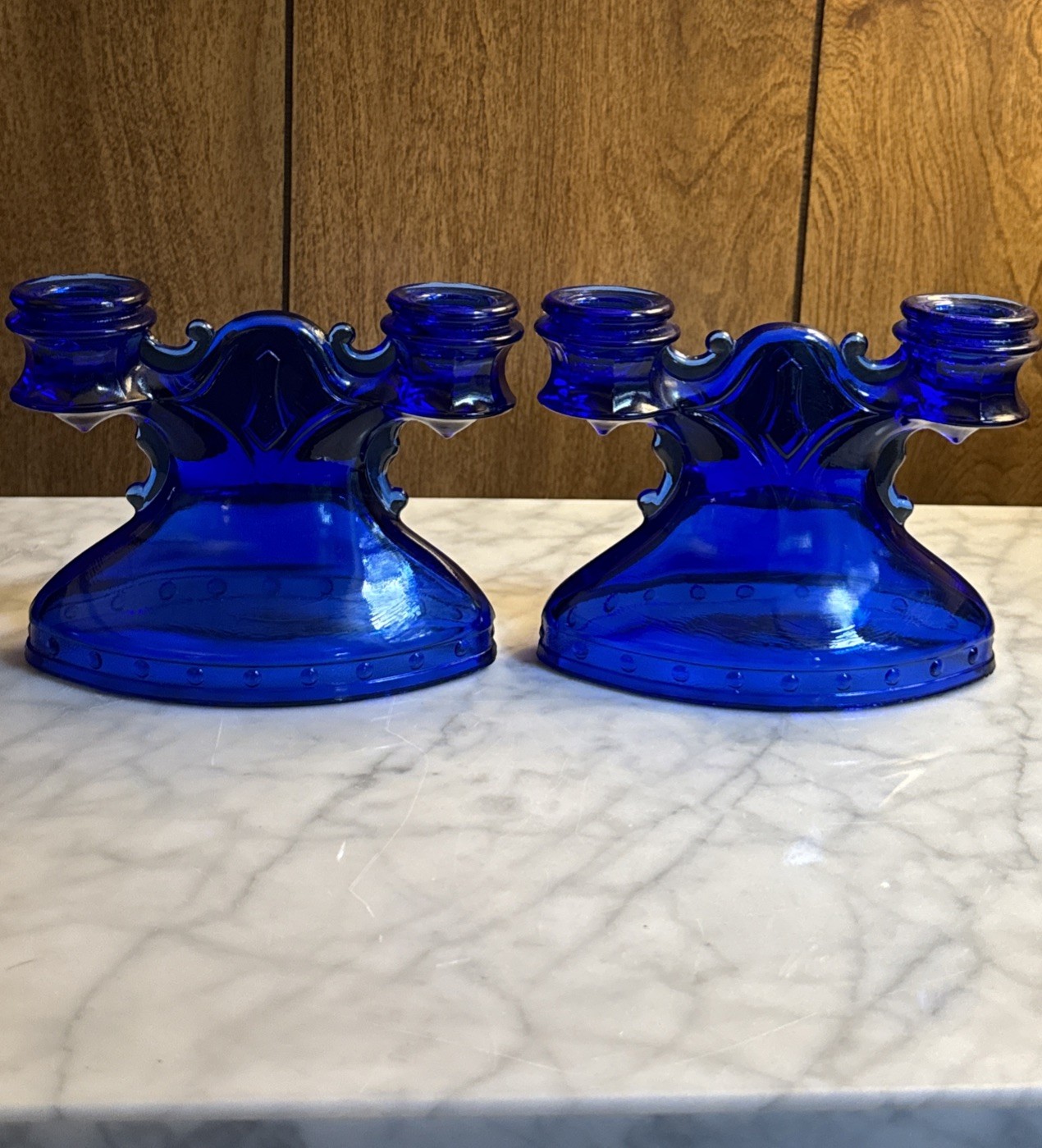 Vintage Pair L.E. Smith Blue Cobalt Glass Mount Pleasant Double Candle Holders Vintage Pair L.E. Smith Blue Cobalt Glass Mount Pleasant Double Candle Holders